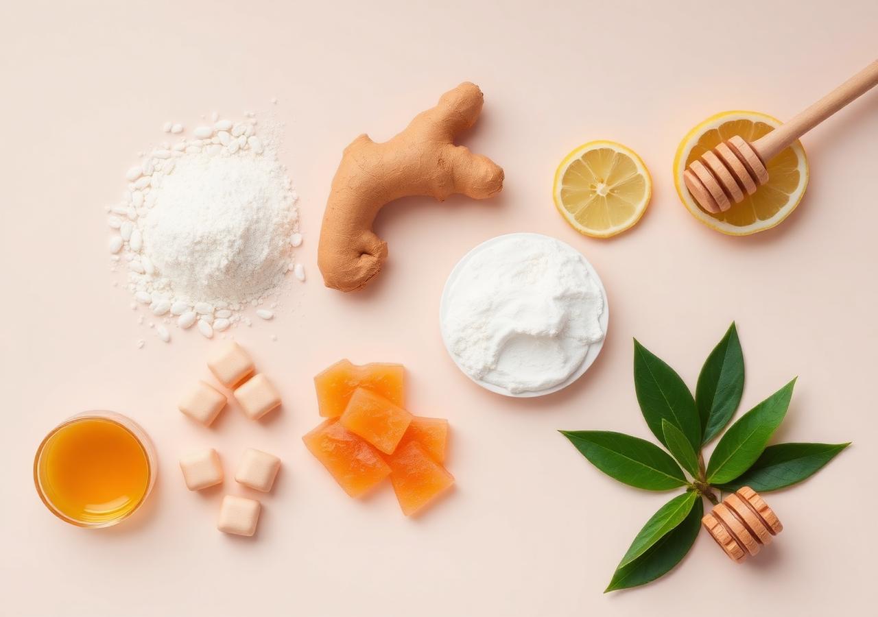 Natural supplement ingredients including gelatin, ginger, lemon and botanicals on a cream background